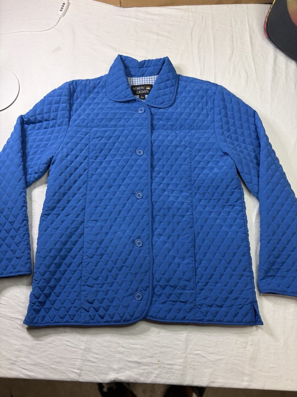 Nordic Lights Jacket Women’s L Blue Quilted Barn Coat Button Front Cottagecore